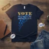 Navy t-shirt with gold and blue text "VOTE As if your life depends on it." and a trail of blue