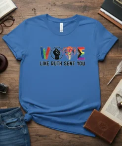 Vote Like Ruth Sent You feminist t-shirt with icons representing books, fist, uterus, and pride flag
