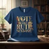 Vote Like Ruth Sent You quote t-shirt with RBG silhouette, books, and rainbow flags