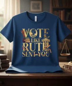 Vote Like Ruth Sent You quote t-shirt with RBG silhouette, books, and rainbow flags