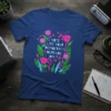 Vote Like Your Democracy Depends On It text with floral graphic on a navy blue t-shirt