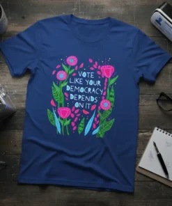 Vote Like Your Democracy Depends On It text with floral graphic on a navy blue t-shirt