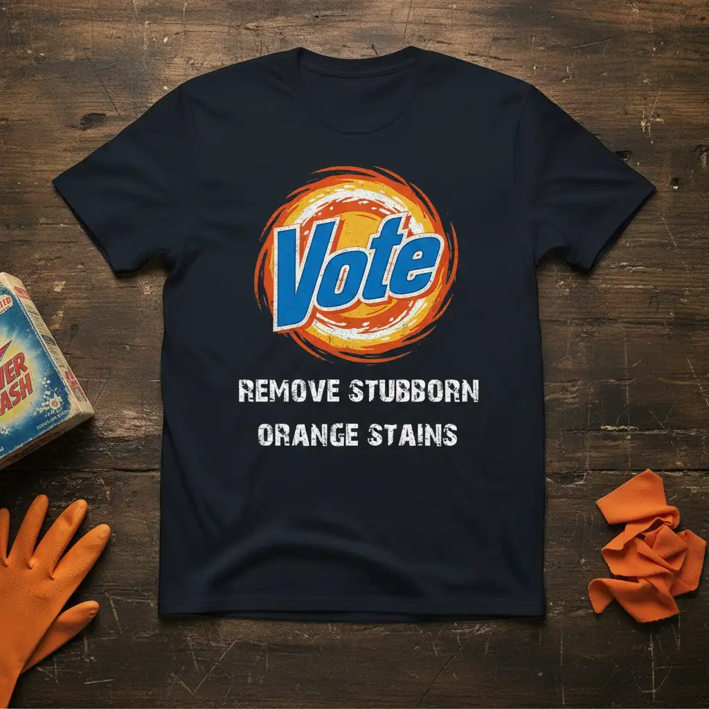 Vote REMOVE STUBBORN ORANGE STAINS political humor t-shirt design with distressed text and swirl graphic