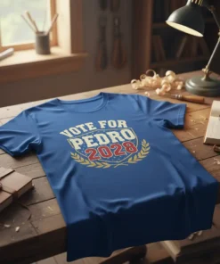 Blue t-shirt with "VOTE FOR PEDRO 2028" in distressed white and red text, surrounded by a gold laurel wreath