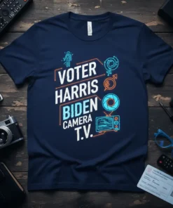Voter Harris Biden Camera T.V. text with political icons on a navy blue t-shirt