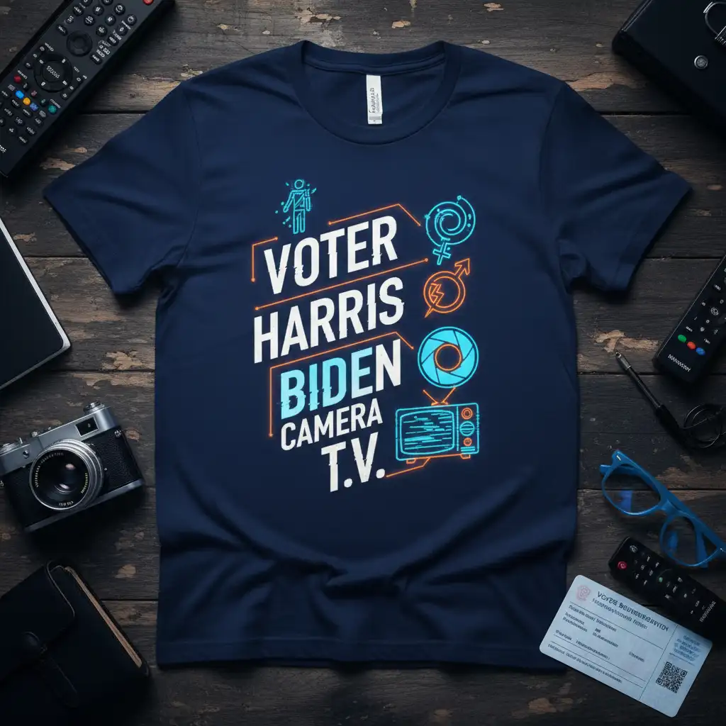 Voter Harris Biden Camera T.V. political slogan with graphic icons on a navy blue t-shirt