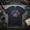 Black t-shirt featuring a neon-style VU meter graphic with "VU" in red and gauge in blue and red