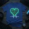 W D S letters inside a neon green heart with a white heartbeat line on a blue t-shirt, representing gaming