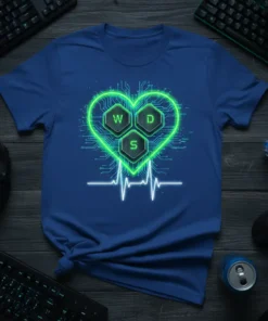 W D S letters inside a neon green heart with a white heartbeat line on a blue t-shirt, representing gaming
