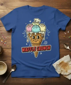 Waffle Crunch text above a smiling cartoon ice cream cone with three scoops of ice cream, on a royal blue