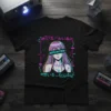 Waifu Material anime girl t-shirt design with purple and teal digital glitch borders and Japanese text