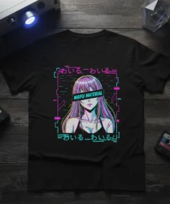 Waifu Material anime girl t-shirt design with purple and teal digital glitch borders and Japanese text