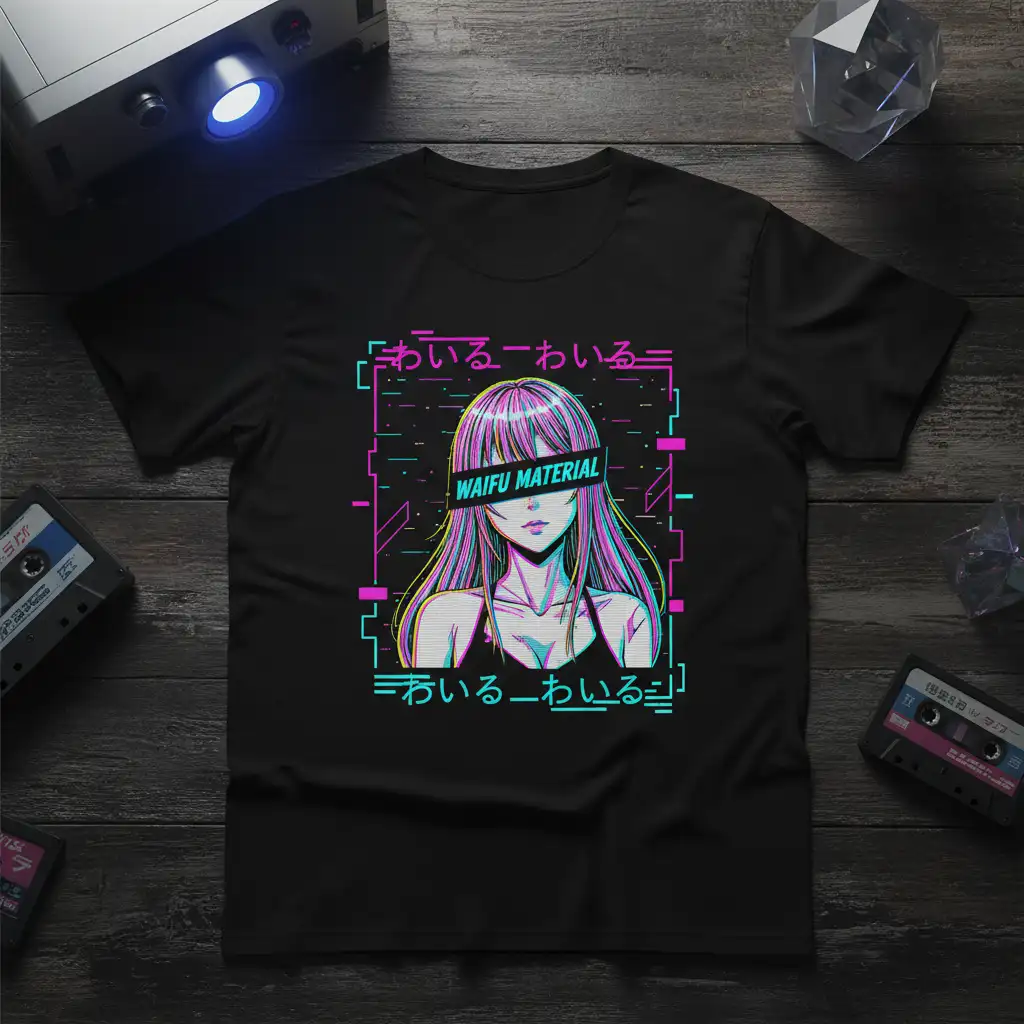 Waifu Material anime girl graphic tee with neon glitch borders and Japanese script