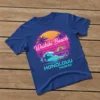 Waikiki Beach Honolulu Hawaii retro sunset t-shirt design with palm trees, waves, and beach chairs