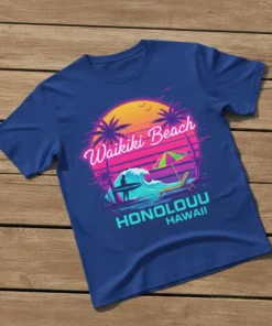 Waikiki Beach Honolulu Hawaii retro sunset t-shirt design with palm trees, waves, and beach chairs