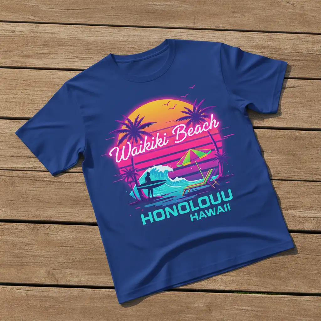 Waikiki Beach Honolulu Hawaii retro sunset graphic with palm trees, ocean waves, and beach chairs