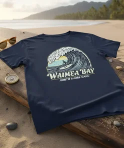 Waimea Bay North Shore Oahu t-shirt design with a surfer riding a large wave