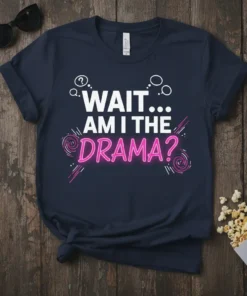 Navy blue t-shirt with white and pink text that reads "WAIT... AM I THE DRAMA?" with question marks and swirling
