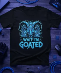 Wait I'm Goated T-Shirt with a blue electric goat graphic and bold text