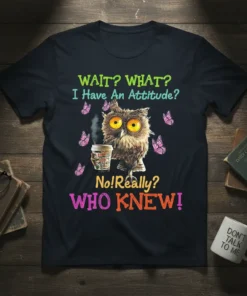 Funny owl holding coffee mug with text "WAIT? WHAT? I Have An Attitude? No!Really? WHO KNEW!" and butterflies
