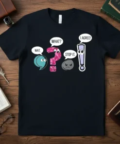 WAIT, WHAT? STOP IT. I AGREE! humorous punctuation dialogue design on a black t-shirt