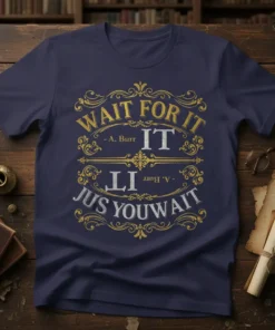 Navy t-shirt with gold and silver ornate text design that reads "WAIT FOR IT - A. Burr IT LI JUS