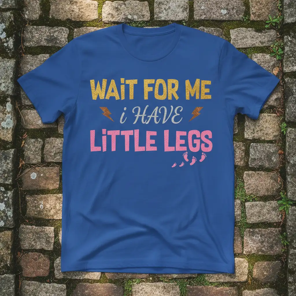Wait For Me I Have Little Legs quote on a blue t-shirt with glitter text and baby footprint graphic