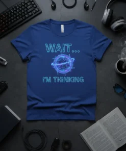 Wait... I'm Thinking quote on a blue t-shirt with a stylized globe graphic and neon outline
