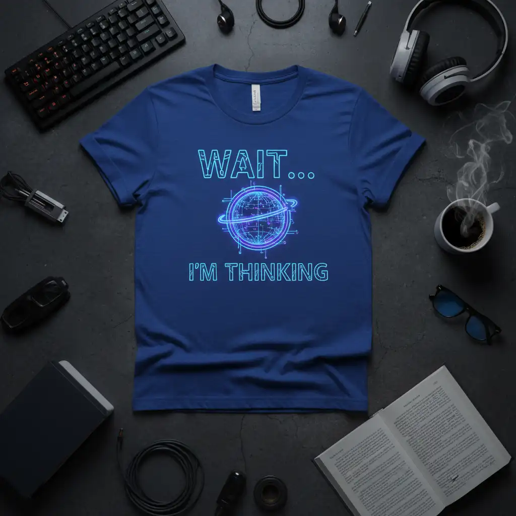 Wait... I'm Thinking quote with abstract globe graphic on a blue t-shirt, showcasing intellectual humor