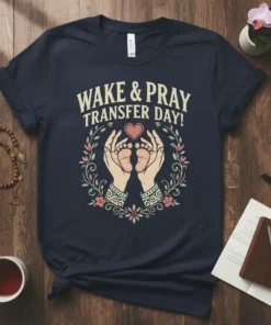Navy t-shirt with "WAKE & PRAY TRANSFER DAY!" text, hands holding baby feet, and floral wreath
