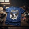 Wake Up, America! text with eagle and USA map graphic on a blue t-shirt