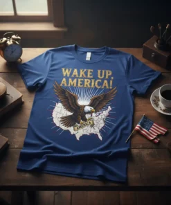 Wake Up, America! text with eagle and USA map graphic on a blue t-shirt