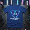 Cyberpunk eye design with neon triangle and Japanese text "WAKE UP TO REALITY 幻視を忘れる" on a blue t-shirt