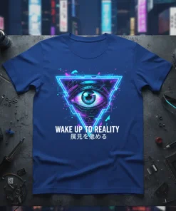 Cyberpunk eye design with neon triangle and Japanese text "WAKE UP TO REALITY 幻視を忘れる" on a blue t-shirt