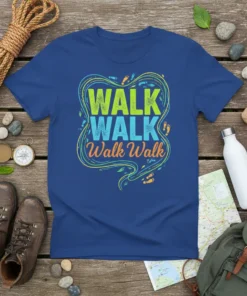 WALK WALK Walk Walk t-shirt design with footprints and wavy lines in green, blue, and orange