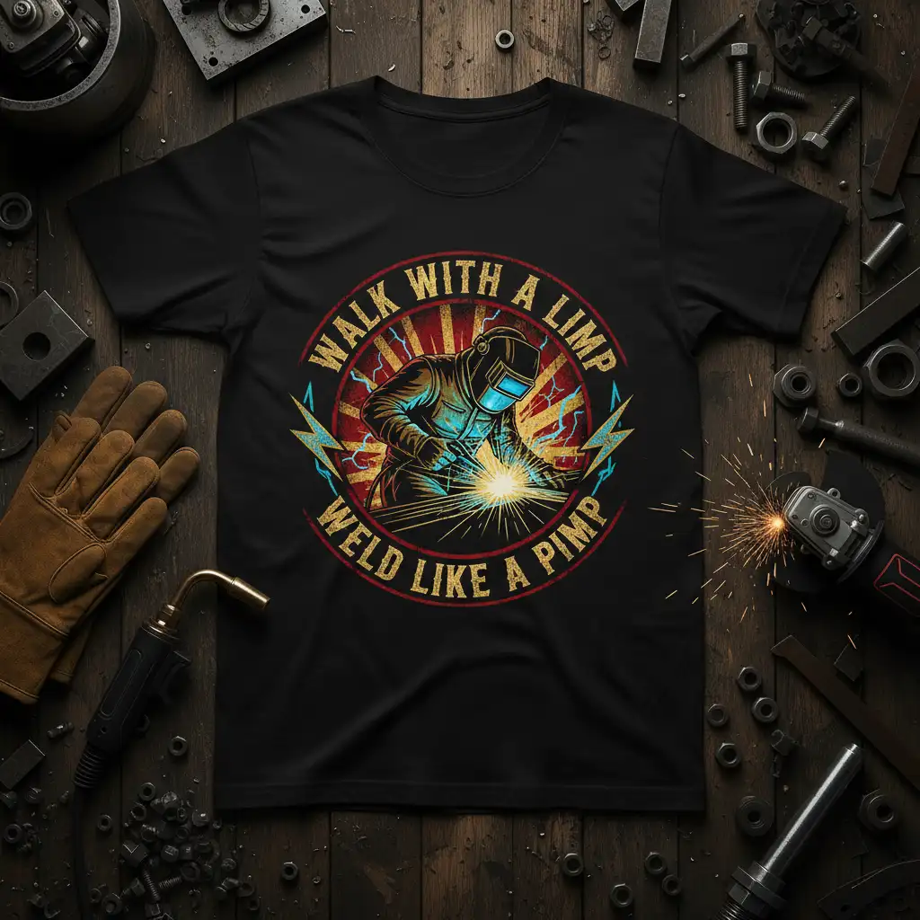 Walk With A Limp Weld Like A Pimp quote on a welder t-shirt design with sparks