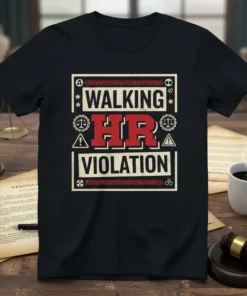 Walking HR Violation text design on a black t-shirt, featuring bold red HR and distressed typography