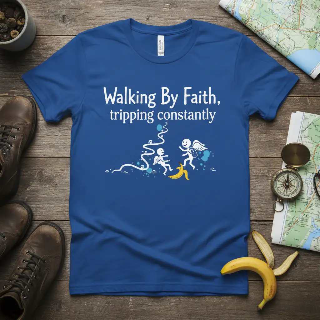 Walking By Faith, tripping constantly quote on a royal blue tee with stick figures and banana peel graphic