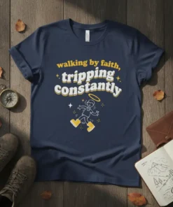 Walking by faith, tripping constantly quote with a stick figure tripping, halo, and stars on a navy blue t-shirt