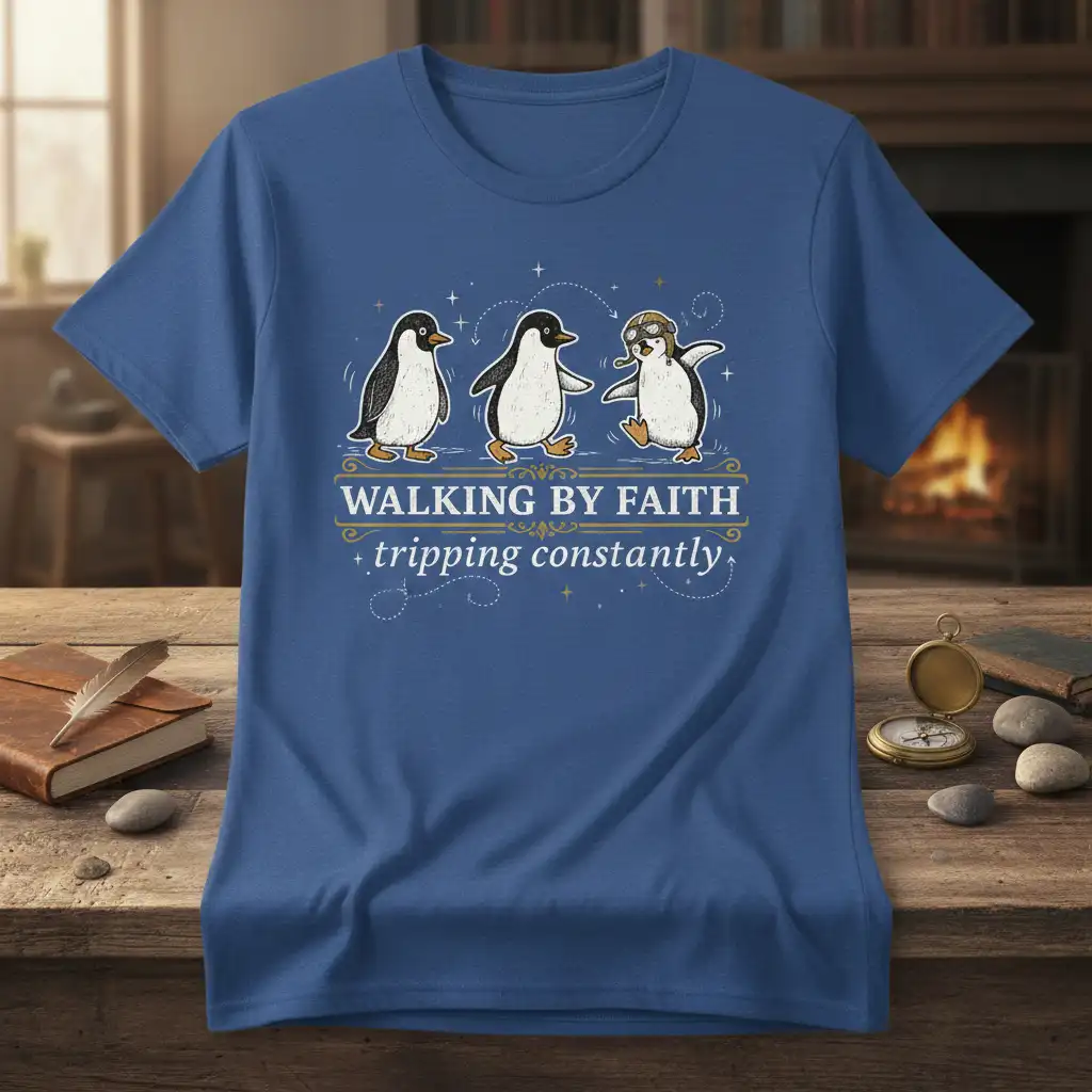 WALKING BY FAITH + tripping constantly unique artwork printed on quality cotton blend creating a standout t-shirt