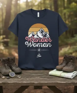 Navy t-shirt with "Wander Woman" text and mountain sunset graphic, featuring hiking boots and map props