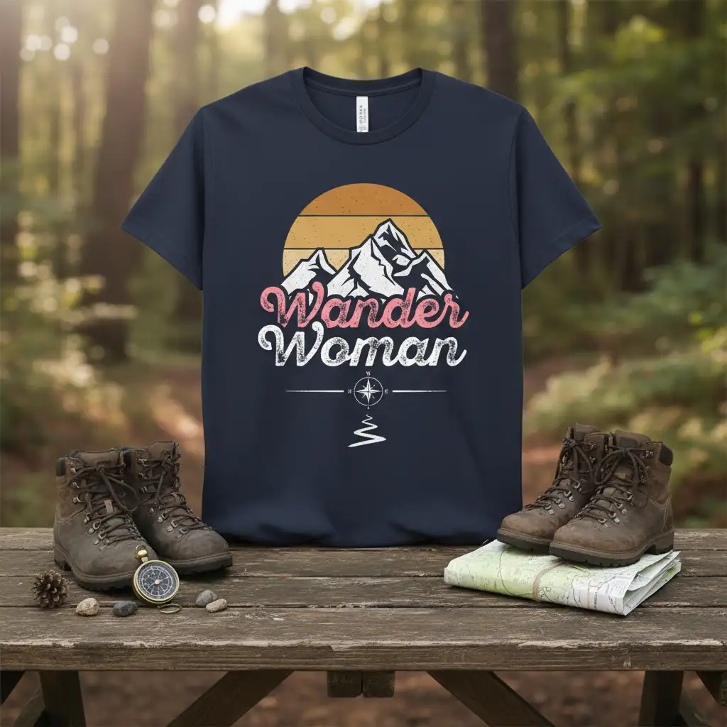 Navy Wander Woman t-shirt design with mountain sunset graphic and compass detail for hikers