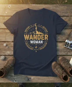 Navy t-shirt with "Wander Woman" text in a circular vintage design featuring mountains, a hiker, and a crescent moon