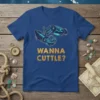 Wanna Cuttle? squid pun t-shirt with two cartoon squids and gold text