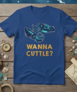 Wanna Cuttle? squid pun t-shirt with two cartoon squids and gold text
