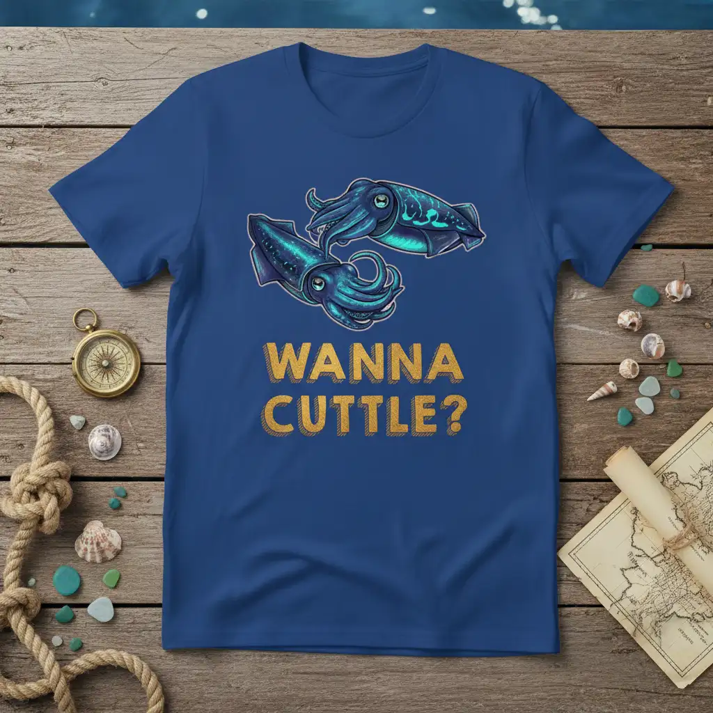Wanna Cuttle? pun t-shirt design featuring two stylized squids and golden text