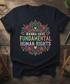 Text "WANNA HAVE FUNDAMENTAL HUMAN RIGHTS" in colorful, bold lettering surrounded by floral and heart graphics on a dark t-shirt