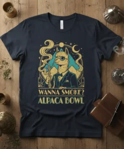Wanna Smoke? Alpaca Bowl text with a dapper llama smoking a pipe graphic on a navy t-shirt