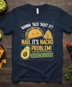 T-shirt with "Wanna Taco 'Bout It? Nah. It's Nacho Problem! Guacwaaard!" text and cute taco, nacho, and avocado graphics