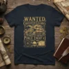 Wanted Christopher Columbus Public Enemy #1 Since 1492 t-shirt with vintage ships, skull, and compass design in gold on navy